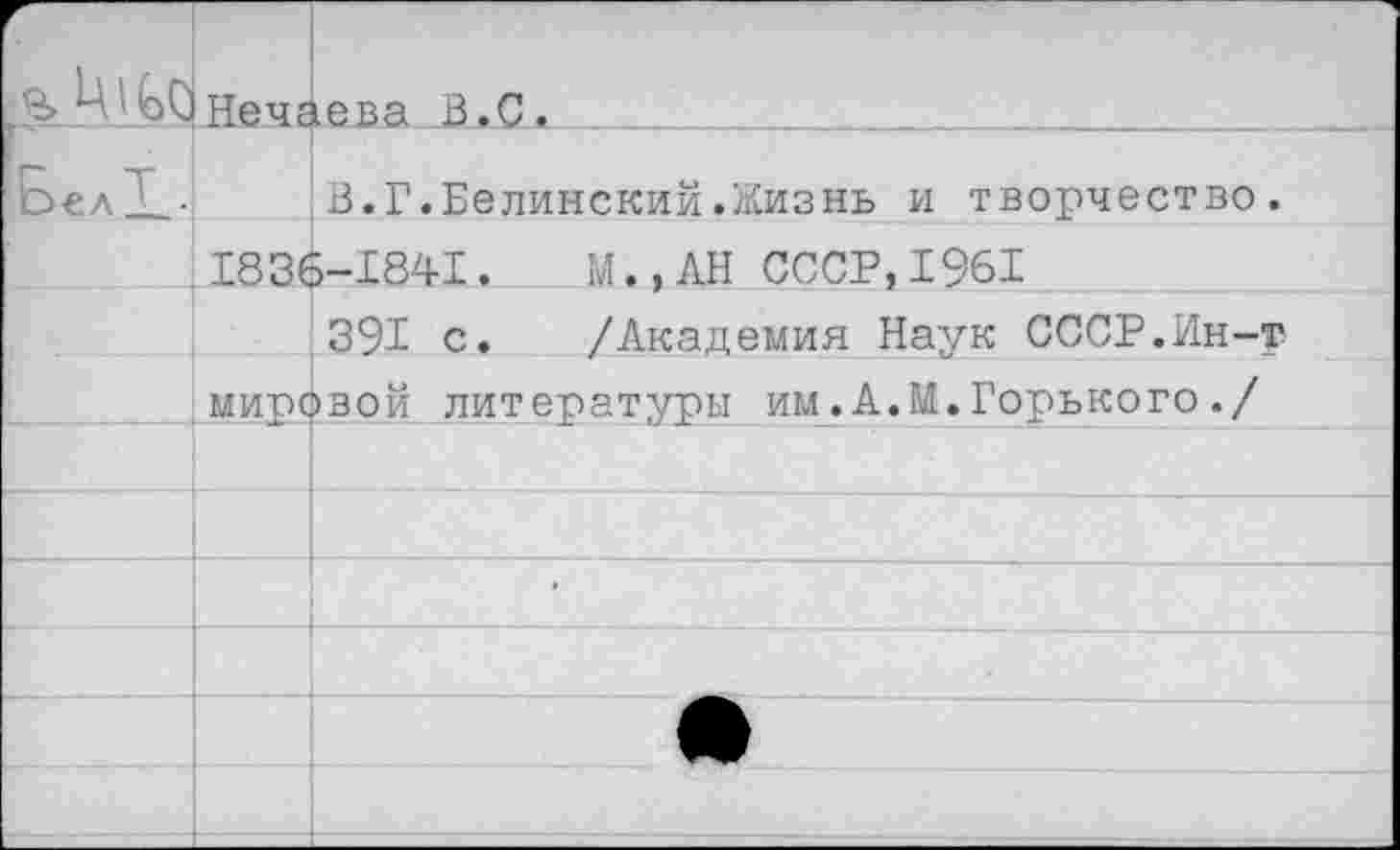 ﻿	НечЕ	1ева В.С.
Бел!-		В.Г.Белинский.Жизнь и творчество.
	18зе	5-1841. М.,АН СССР, 1961
		391 с. /Академия Наук СССР.Ин-т
	мировой литературы им.А.М.Горького./	
		
		
		•
		
		
		